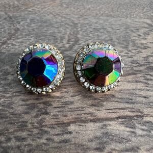 Rhinestone studded peacock iridescent post stud fancy elegant earrings